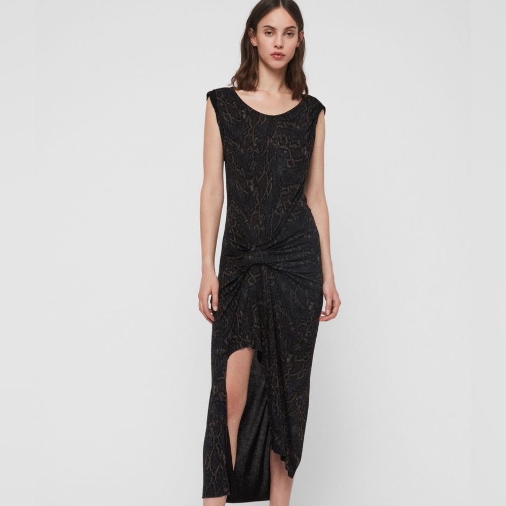 All Saints Snakecharm Rivera Asymmetrical Black Snake Print Jersey Dress EUC S
